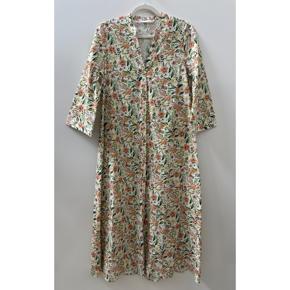Zara Floral Button Front Cotton Shirt Dress Cottagecore Botanical Women's Medium - Picture 2 of 13